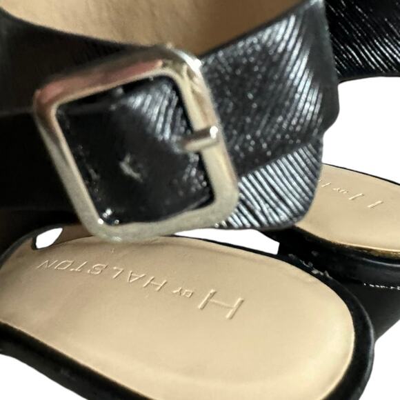 H by Halston Black Leather T-Strap Catrina Block Heel Sandal Size 9 - Picture 4 of 8